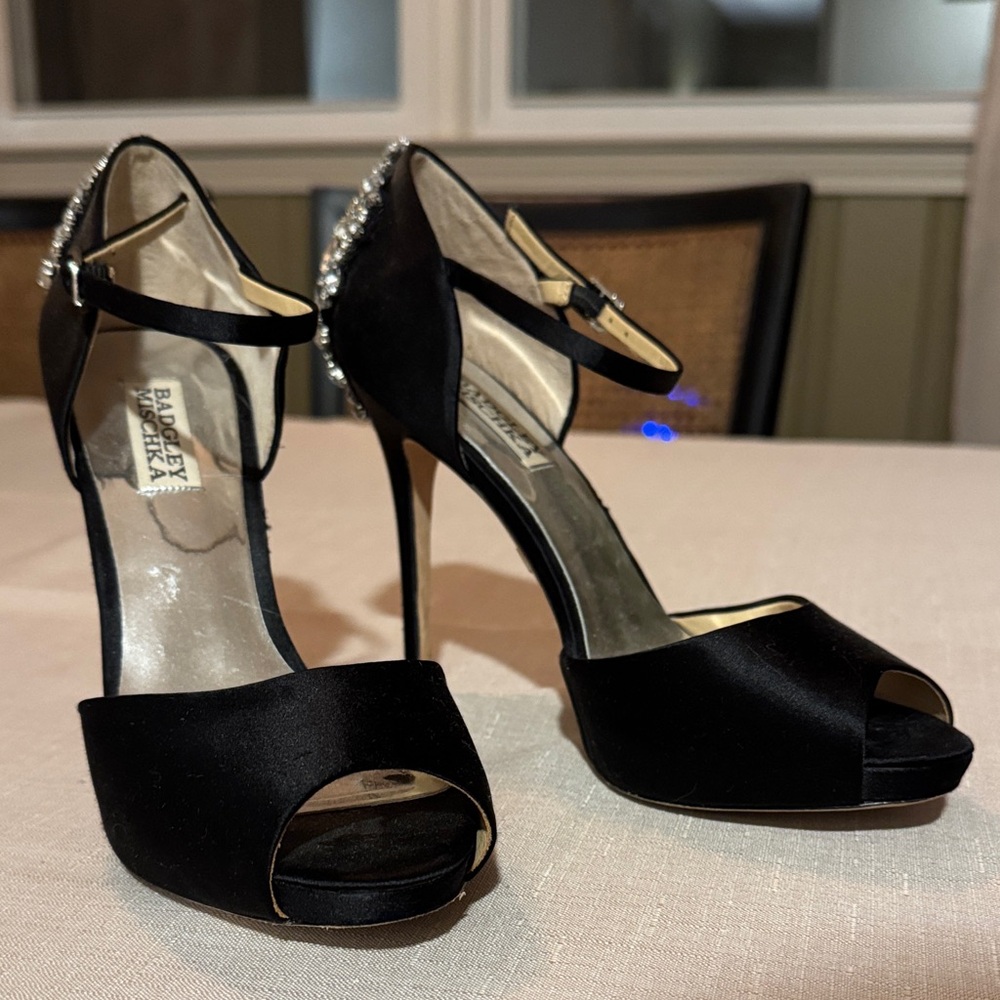 Badgley Mischka Black Satin Peep-Toe Ankle-Strap Heels with Crystal Back